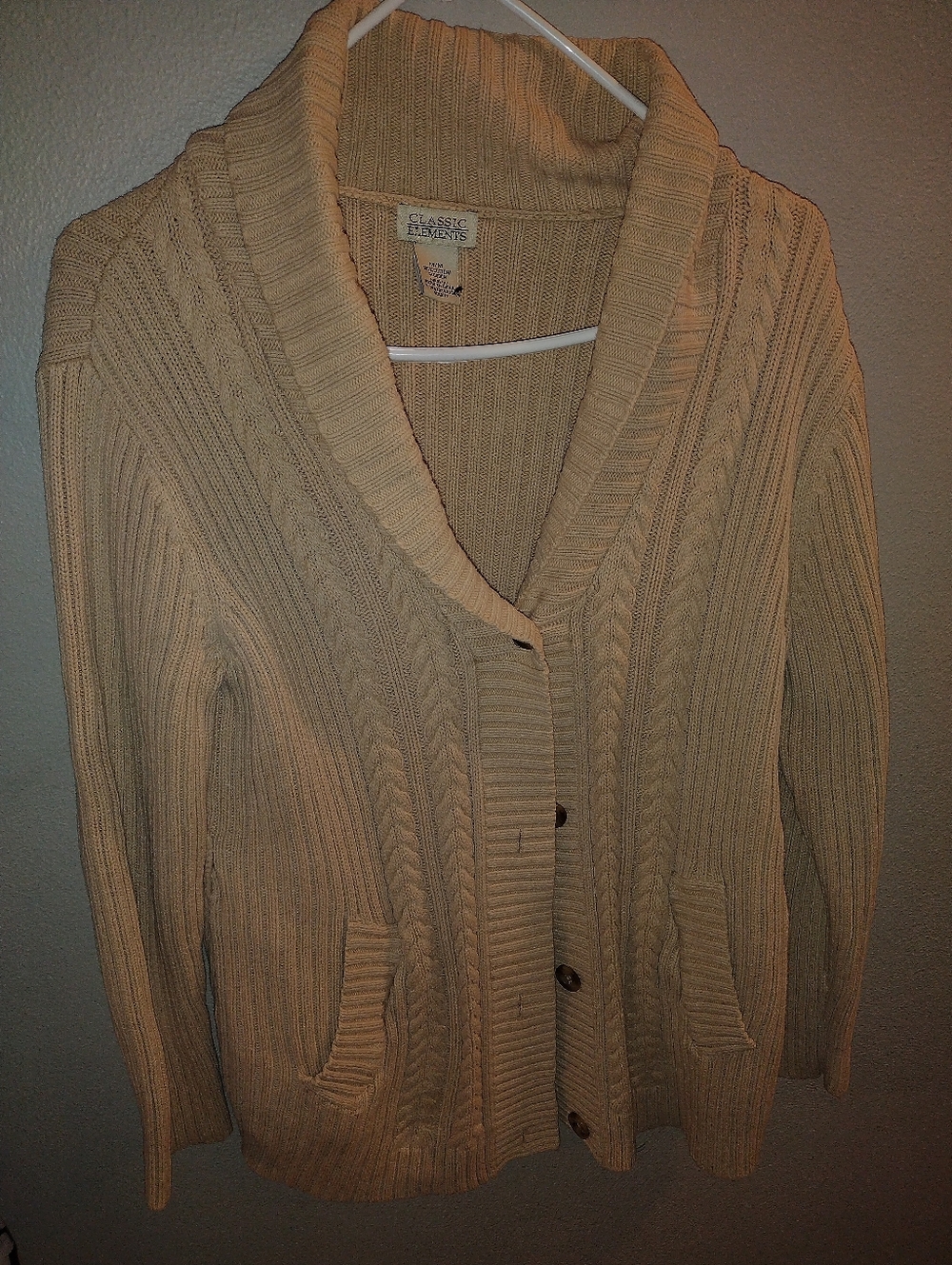 Vintage Classic Elements Tan Cable-Knit Shawl Collar Cardigan